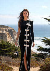 One Sleeve Bow Detail Maxi Velvet Dress Black White