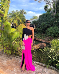 One Sleeve Flower Maxi Dress Black Hot Pink