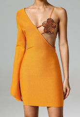 One Sleeve Sequin Floral Bustier Dress Orange