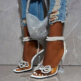 Pearl Bowtie Accent Sling Back Ankle Wrap Pedestal High Heel Shoes