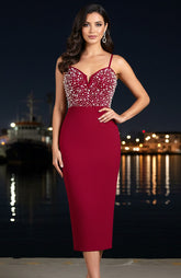 Pearl Embellished Midi Dress Red