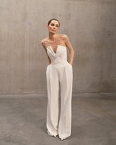 Embellished Long Sleeve Two Piece Jumspuit White Nude