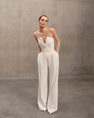 Embellished Long Sleeve Two Piece Jumspuit White Nude