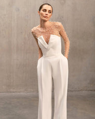 Embellished Long Sleeve Two Piece Jumspuit White Nude