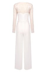 Embellished Long Sleeve Two Piece Jumspuit White Nude