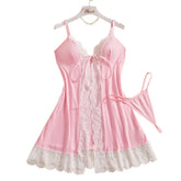 Pink Lace Chemise Sleep Dress With Front Tie String Adjustable Spaghetti Strap Matching G-String Panty Womens Nightgown Set