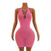 Pink Mesh Halter Neck Open Back V-Neck Hip Crotchless Sleepwear See-Through Lingerie Daring Teddy Doll Nightdress