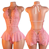 Pink Lace Bodysuits Crotchless Deep V Open Teddy Babydoll Sheer Sleepwear Elegant & Seductive Erotic Lingerie