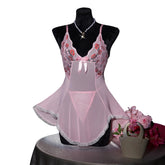 Pink Transparent Ultra Thin Nightgown Pajamas With Thongs Lace Mesh Dress