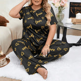 Plus Size 3XL 4XL 5XL Sleepwear Heart Letters Print Pajamas Set Casual Short-Sleeve Top and Pants Loungewear