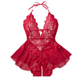 Plus Size 4XL Erotic Backless Deep V Lingerie Transparent Floral Lace Night Dress Teddy Babydoll Crotchless Underwear