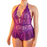 Plus Size Erotic Backless Deep V Lingerie Transparent Purple Lace Night Dress Teddy Babydoll Crotchless Underwear