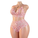 Plus Size Lace Bra And Panty Set Heart Print Hollow Out Slim Fit High Waisted Bow Erotic Open Crotch Lingerie