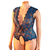 Plus Size Summer Blue Sheer Lace Babydoll Bodysuit Half Sleeve Hollow Backless Deep V Erotic Lingerie & Pajamas