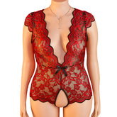 Plus Size Summer Red Sheer Lace Babydoll Bodysuit Half Sleeve Hollow Backless Deep V Erotic Lingerie & Pajamas