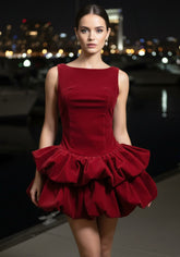 Puff Detail Velvet Dress Red