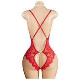 Red Backless Crotchless Transparent Lace Teddy Babydolls Bodysuits One-piece Deep V Neck Open Bra Erotic Lingerie