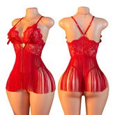 Red Hollow Out Erotic Lingerie Set Lace Teddy Babydoll