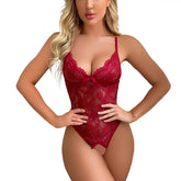 Red Crotchless Lingerie Lace Hollow Bodysuit Erotic Costumes Teddy Stripper Outfit Deep V Exotic Porn Underwear Set