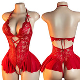 Red Open Bodysuit Crotchless Temptation Adult Erotic Lingerie Pajamas Lace