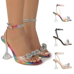 Rhinestone Bowknot PVC Jelly Transparent Square Toe Strap High Heels Sandals