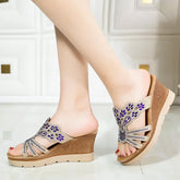 Round Toe Wedges Heel Shoes Casual Comfort Rhinestone Slippers Party Sandals