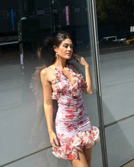 Halter Floral Ruched Ruffle Dress Pink