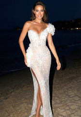 Ruffle Bardot Embellished Maxi Dress White