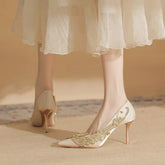 Pearl Bowknot Pattern Pointed Pearl Satin High Heel Sandals