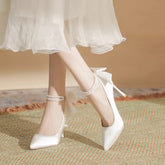 Pearls Buckle Belt Satin Fabric Bow High Heel Point Toe Wedding Shoes