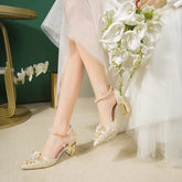 Lace Beaded Tassel Fashion Rhinestone Pattern Thick Heel Bridal Shoes