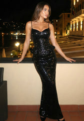 Sequin Peplum Corset Maxi Dress Black