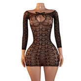 Black Transparent Mesh Long Sleeve Dress Elastic Net Lingerie Hollow Exotic Babydoll Teddy Costumes Fetish Porno Skirt