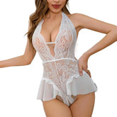 Crotchless White Underwear Lace Hollow Bra Set Erotic Costume Teddy Baby Doll Dress Deep V Open Bra Porn Lingerie Set