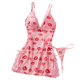 Deep V Transparent Lace Pink Ladies' Nightgown Erotic Costumes Ultra Short Temptation Dress Babydoll Underwear