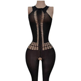 Hollow out Knitted Bodysuit Tight Elastic Nightgown See-through Temptation Sleepwear with Hole Design And Elastic Waist