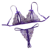 Lingerie Transparent Purple Bra Set Erotic Crotchless Embroidered Underwear Open Crotch Thong Lace Porn Costume