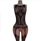 Lace Hollow out Sleeveless Bodysuit Stocking Pattern Fishnet Butt Exposure See through Temptation Nightgown Adult Toy
