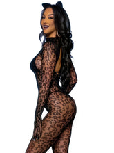 Leopard Print One-Piece Ladies Jumpsuit Long Sleeve Hollow out Mesh Tight Sleepwear Bodysuit with Leggings