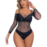 One-Piece Lingerie Bodysuit Bra Set Perspective Rhinestone Underwear Transparent Open Erotic Lingerie Set