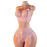 Pink Lingerie Set With Lips & Hearts Print Sheer Mesh Open-Crotch Teddy Bodysuit And G-String Underwear Erotic 2-piece 2025