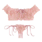 Summer Underwear Seductive Floral Dreamy Lingerie Off-Shoulder Seduce Bralette Tops Panties Transparent Erotic Set