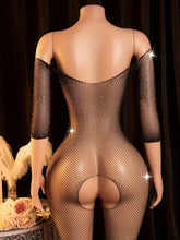Tight Fitting Fishing Net Rhinestone Jumpsuit Crotchless Exotic Outfits Erotic Transparent Underwear Lingerie