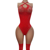 lingerie red Elastic tight fitting rhinestone teddy and stockings underwear sets intimate nightgown