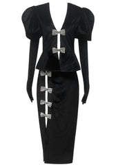 Short Sleeve Crystal Bow Midi Two Piece Velvet Dress Black