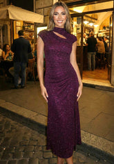 Short Sleeve Sparkly A Line Midi Dress Burgundy