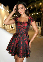 Short Sleeve Printed A Line Dress Black Red