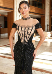 Short Sleeve Sequin Structured Maxi Dress Black