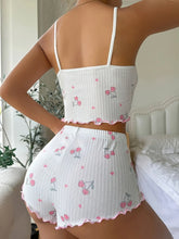 Sleepwear Summer Pajama Set Heart Print Ribbed Bow Decor Round Neck Backless Crop Cami Top & Shorts Nightwear