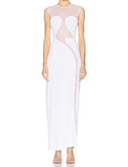 Sleeveless Mesh Insert Maxi Dress White